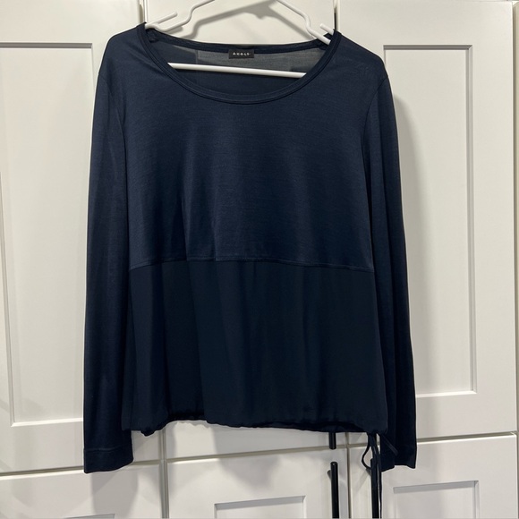 AKRIS silk cinch tie hem blouse womens 10 long sleeve sophisticated luxury Navy